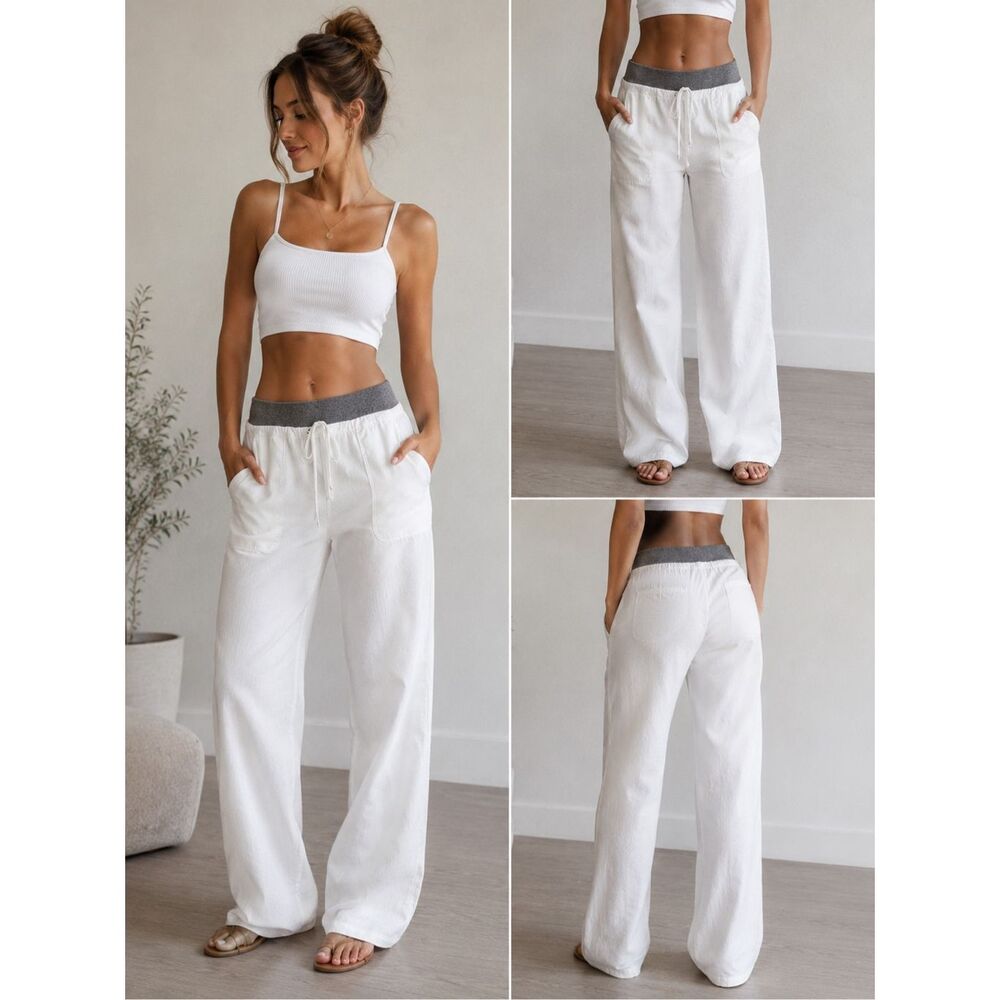 Promod White Linen Blend Wide Leg Pants Gray Knit Waist Drawstring Size L Notes